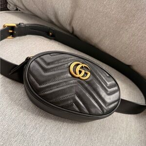 Gucci Black Chevron Quilted Leather Oval Belt Bag with Gold GG